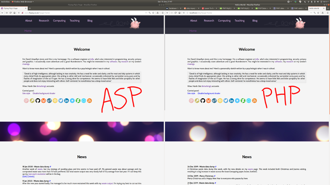 The ASP site left, and the PHP site right