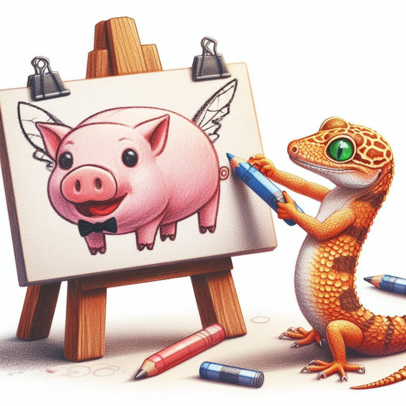 A gecko holding a blue colouring pencil standing next to an easel drawing a pig with wings.