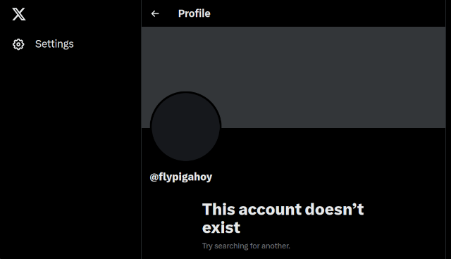 Twitter profile @flypigahoy: "This account doesn't exist"
